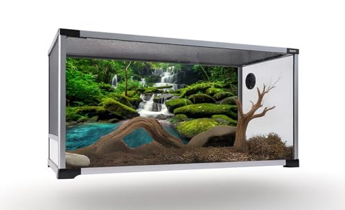 48X18 Inch Tropical Waterfall Vivarium Backdrop - Rainforest Mountain Lake & Lush Tree Reptile Tank Background - Durable Polyester Habitat Decoration - size: 48X18in