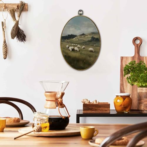 XFCICRLJ Vintage Farmhouse Sheep Wall Art Decor, Rustic Countryside Oval Canvas Prints Framed, Cottagecore Landscape Farm Animals Wall Art Decorations for Home Bedroom Living Room Decor, 11x8.5 Inch - color: Sheep 05