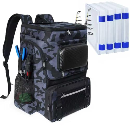 Fishing Backpack with Rod Holder, Large 50L Tackle Bag Water Resistant Tackle Backpack Heavy Duty Fishing Bag Gift for Men Woman - color: Camo Black with 4 Tackle Boxes