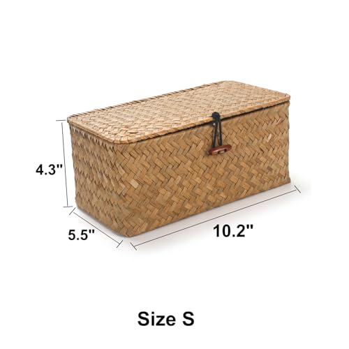 DOKOT Rectangular Handwoven Seagrass Small Storage Basket with Lid for Shelves and Home Organizer Bins,S (10.2"x5.5"x4.3"H), Natural - size: S (10.2"x5.5"x4.3"H)