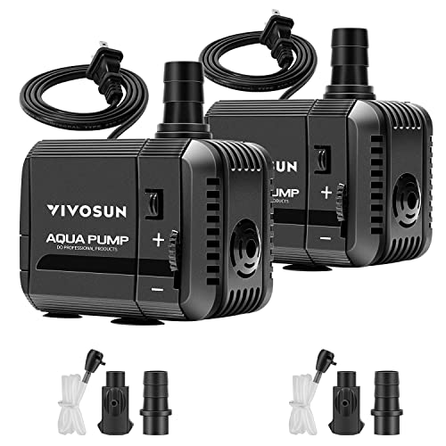 VIVOSUN 2-pack 210GPH Submersible Pump(800L/H, 8W), Ultra Quiet Water Pump with 3.3ft High Lift, Fountain Pump with 5ft Power Cord, 2 Nozzles for Fish Tank, Pond, Aquarium, Statuary, Hydroponics - size: 2 Pack 210GPH