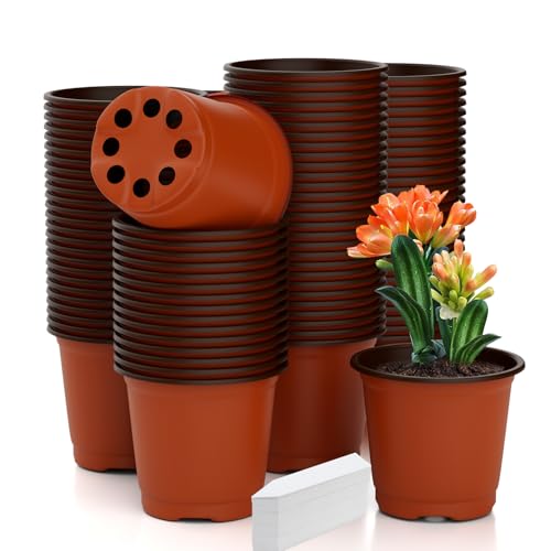 Nursery Pots 100 PCS 4 Inch Plant Pots with 100 Labels, Planting Pot for Plants Indoor Outdoor, Plastic Flower Pot for Seedlings Transplanting Small Plants Growing - size: 4 inch
