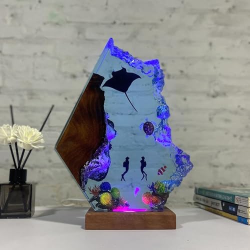 Handmade 3D Ocean Resin Lamp - USB Powered Resin Ocean Night Light with Wooden Base, Variable Lights, Scuba Diver Gifts, Diving Enthusiast Collectibles, Unique Birthday Holiday Gifts for Men & Women - color: Scuba Diver-1, size: S
