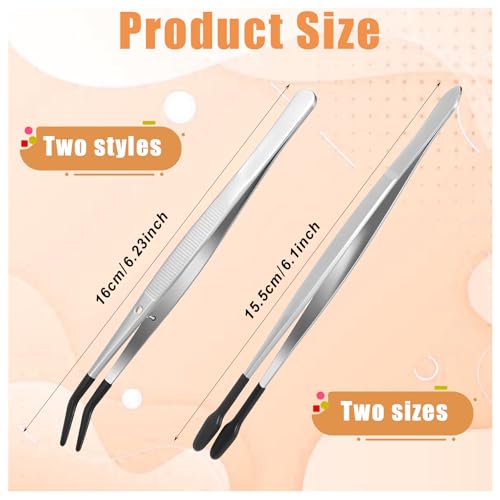 4 Pieces Tweezers with Rubber Tips PVC Rubber Coated Tweezers Rubbers Long Bent Tip Tweezer and Straight Flat Tip Tweezer for Lab Stamp Hobby Jewelry Crafts Feeding (Silver, Black)