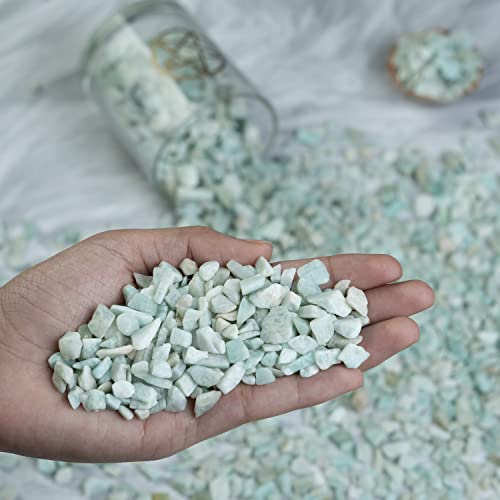 Crocon 1/2 LB Crushed Amazonite Chips Bulk Stone 1100+ Carats Natural Quartz Pieces Irregular Shape Gemstone Tumbling Cabbing Gem Mining Chakra Balancing Reiki and Crystal Healing Home Office Décor - color: Amazonite Chips, size: 1/2 Pound
