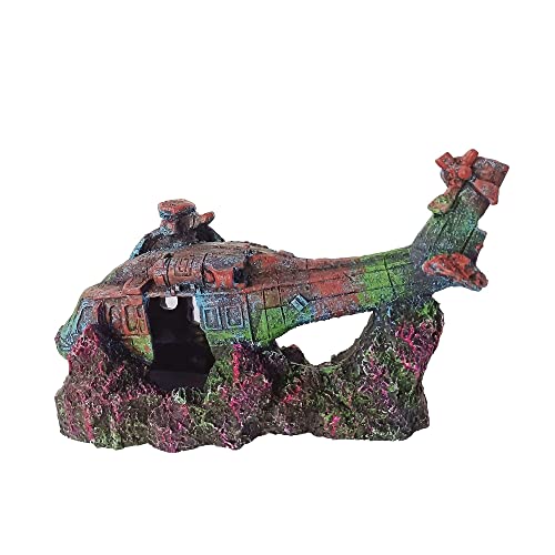Helicopter Ruins Landscaping Fish Shrimp Shelter Resin Stone Tank Decoration for Turtles - color: Helicopter