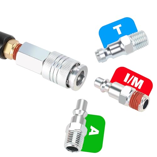 Hromee 1/4 in x 30 ft Polyurethane Recoil Air Compressor Hose with Bend Restrictors Compressor Hose with 1/4" Industrial Universal Quick Coupler and 4PCS I/M Plug Kit, Red - size: 30FT
