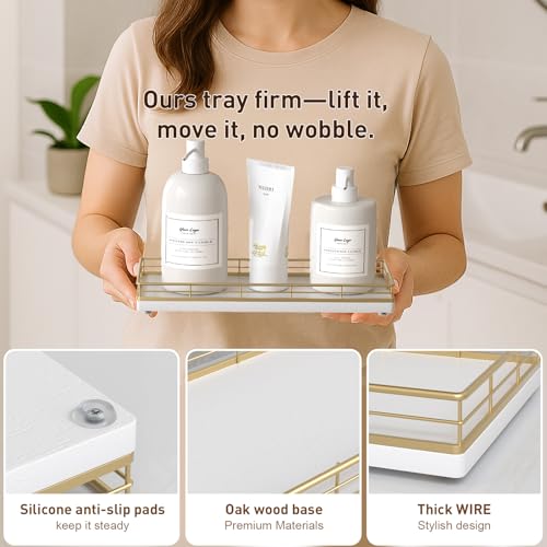 Bathroom Tray for Counter Top Organizer – Oak Wood Vanity Tray with Metal Frame for Dresser, Kitchen, Nightstand – Gold & White Decorative Storage - color: Gold & White, size: 11" x 4.5" x 1.5"