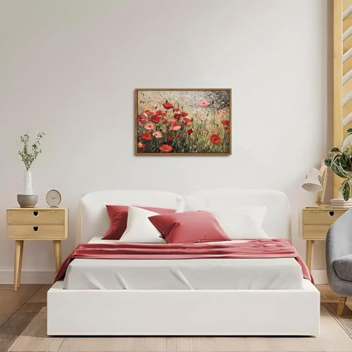 OIQArtOIQ Vintage Landscape Canvas Wall Art Framed Natural Scenery Painting Artwork Prints France Country Wilderness Farmhouse Decor Pictures Kitchen Bedroom Living Room Bathroom - color: Corn Poppy, size: 16x24 in