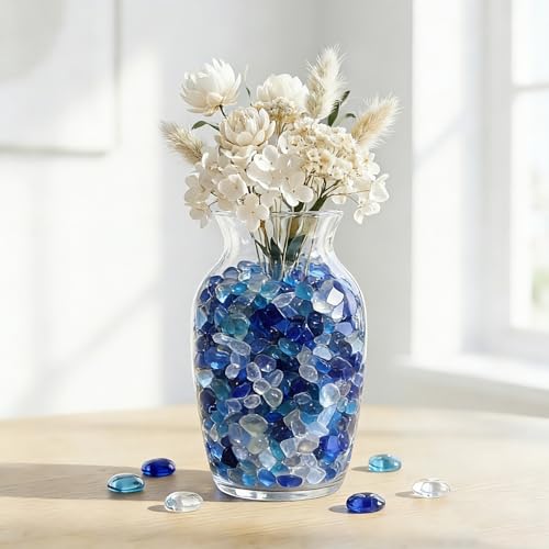 QYGL 0.55LB Blue Mixed Clear Glass Pebbles, Tumbled Sea Glass Stones for Vase Fillers, Fish Tank Gravel, Aquarium Rocks, DIY Crafts, Plant Pots, Wedding & Home Decor, Transparent Glass Gemstones - color: Blue Mixed