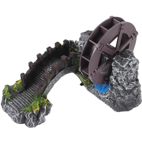 Yardwe Windmill Water Wheel Oxygen Pump 7.08X5.90X4.72In Mini Aquarium Decoration Resin Fish Tank Bridge Ornament for Indoor Outdoor Garden Pond