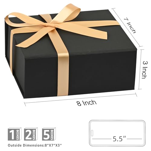 LIFELUM Large Gift Box, 8 X 7 X 3 inch Black Gift Box Set of 5 with Magnetic Lid for Presents with Ribbon,Card,Shredded Paper Filler Gift for Mom, Birthdays, Christmas Presents - color: Black 8x7x3 Inch, size: 1 count (Pack of 5)
