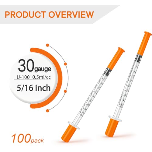U-100 0.5ml 30g 5/16" Inch Syring, Individually Packed, Lab Supplies, PACK 100. - size: 0.5ml-30G 5/16"-100