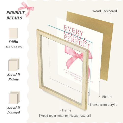 LARTSFRO Coquette Pink Bow Wall Art Decor Posters, Pink Bow Room Bedroom Bathroom Dorm Wall Art Decor Aesthetic for College Teen Girls Gifts, Inspirational Bible Verses Bow Wall Decor, 10x8 Inch Set of 4 Pcs Bow Pictures (WOOD-GRAIN FRAMED) - color: Wood