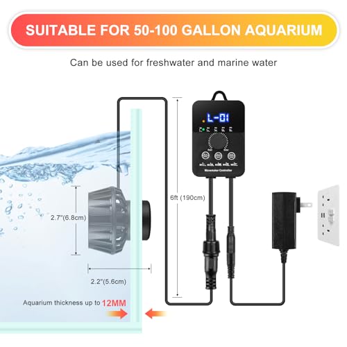 2100GPH Aquarium Wave Maker with Controller Mini DC 24V 12W Powerhead with Magnetic Mounting, Wavemaker with LED Display for 50 to 100 Gallon Tank - size: 12W 2100GPH