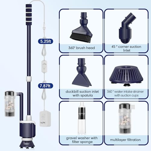 AQQA Fish Tank Cleaner,DC 34W/600GPH Adjustable Water Flow Aquarium Gravel Vacuum,Multi-Filtration Purifies Water Electric Cleaning Kit for Water Change Water Circulation Wash Sand Gravel 110V-240V