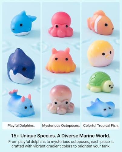 15 Pcs Mini Ocean Creatures Decor Set - Artificial Fish, Turtle, Octopus & Crab Polyresin Aquarium Ornaments for Fish Tanks, Tank Decorations