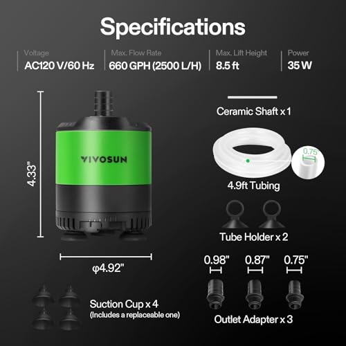 VIVOSUN 660 GPH 35W Submersible Water Pump, with Adjustable Water Flow, 4.9ft Tubing, Additional Ceramic Shaft, and Outlet Adapters, for Fish Tanks, Aquariums, Hydroponics, Fountains - size: 660 GPH