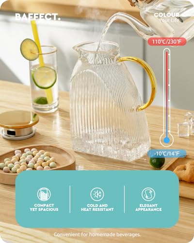 Baffect Water Pitcher, High Borosilicate Glass Jug with Stainless Steel Lid, Leakproof Fridge Door Carafe for Hot or Cold Beverage Vertical Pattern (1.8 L/63 oz.) - style: Vertical Pattern