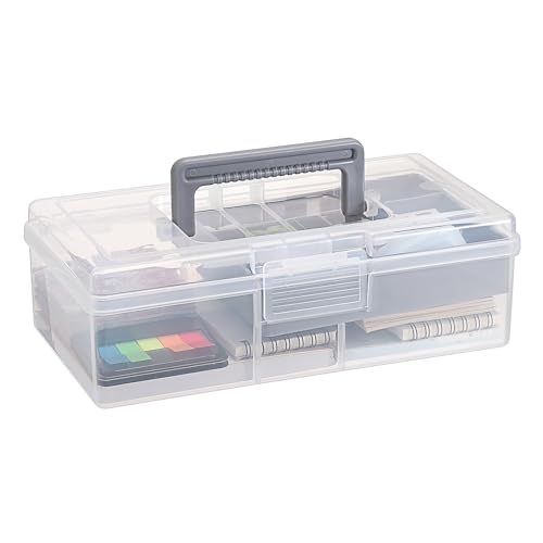 JUXYES Plastic Carry Storage Box with Removable Dividers, Clear Art Craft Supply Storage Bin Sewing Box With Handle Lid, 2 Layers Stationery Storage Case for School/Office Supplies - color: Gray