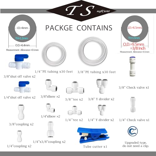 NSF 1/4" & 3/8" Water Line Tubing and Push Connect Fittings for Reverse Osmosis Water Filter RO fittings,25 pcs connetors+30 feet 1/4"(6.4mm) water tube +30 feet 3/8"(9.5mm) water tubing. - style: 1/4"&3/8"(25pcs+60feet)