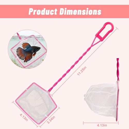 (14.5''L,Net Opening:4.1" x 3.3") Aquarium Fishing Net for Betta Tanks & Small Fish Tanks, Soft Fine Square Mesh, Food Wastes Skimmer for Small Ponds and Pools, Shrimp,Pink - color: Pink