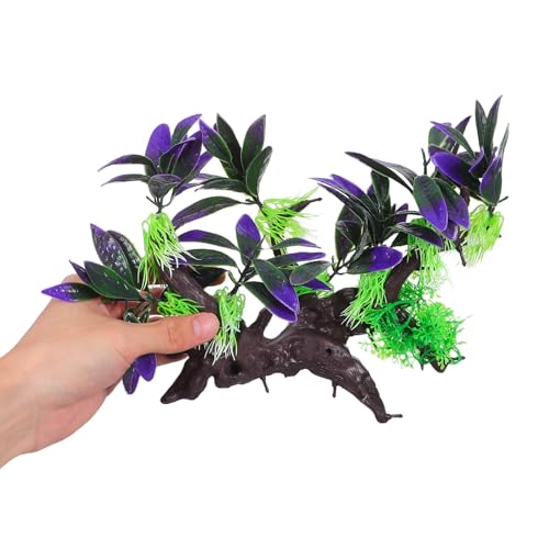 Abaodam 2pcs Artificial Aquarium Plants with Driftwood Ornament, Simulated Resin Water Grass Fish Tank Decorations for Home and Public Aquariums