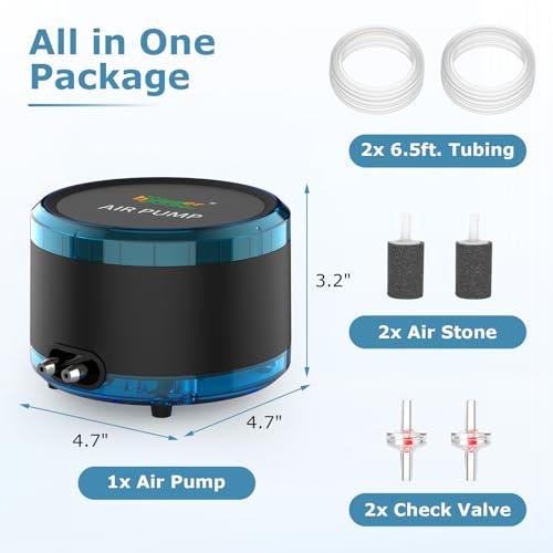 hygger Aquarium Air Pump Dual Outlet, Quiet Powerful Fish Tank Aerator 4W/8W, Adjustable Oxygen Pump with Air Stone, Bubbler for Fish Tank Up to 200 Gallon - size: 4W (Up to 120 Gallon)