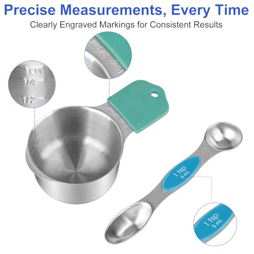 Magnetic Measuring Cups & Spoons Set, Strong N45 Magnets, Heavy Duty 304 Stainless Steel Fits in Spice Jars for Baking & Cooking, BPA Free, Round Set of 15 with Leveler, Light Colorful - color: Measuring Cups & Spoons Set of 15(Light Colorful)