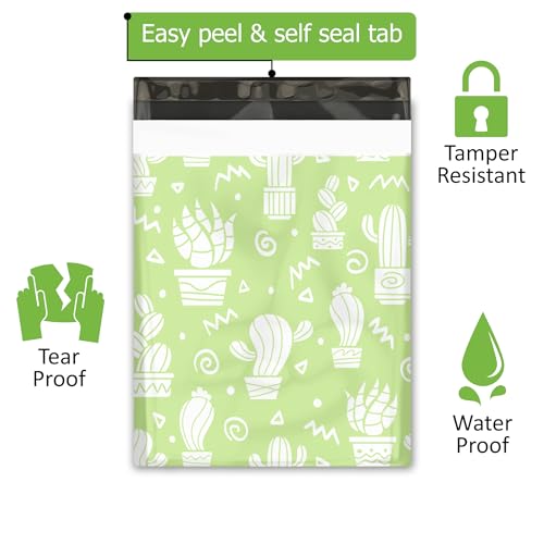 12x15 (50) Green Cactus Designer Poly Mailers Waterproof Self Sealing Tear Resistant Polymailers Shipping Envelopes Premium Printed Bags For Small Businesses - color: Green Cactus, size: 12x15