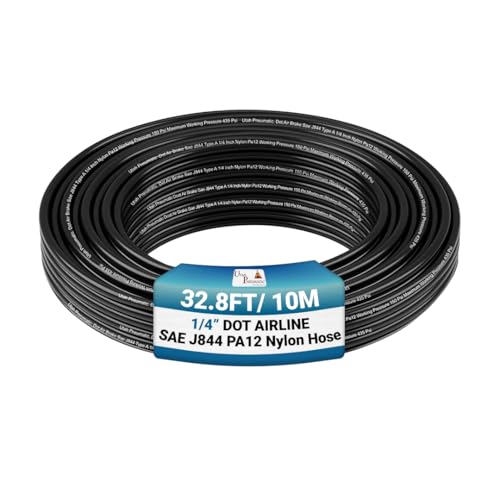 Utah Pneumatic 1/4" Air Line Tubing, 32.8ft Nylon Pa12 Hose, Dot Approved For Truck, Trailer & Industrial Use, High Pressure Flexible Pneumatic Line (black) - color: Black, size: 1/4" x 32.8 Feet