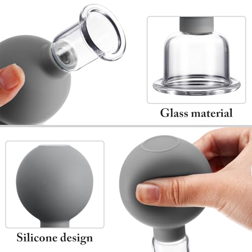 BBTO 4 Pcs Glass Facial Cupping Set Silicone Vacuum Suction Massage Cups Skin Tightening Therapy for Face Body Eyes Back Shoulder Pain(Grey) - color: Grey