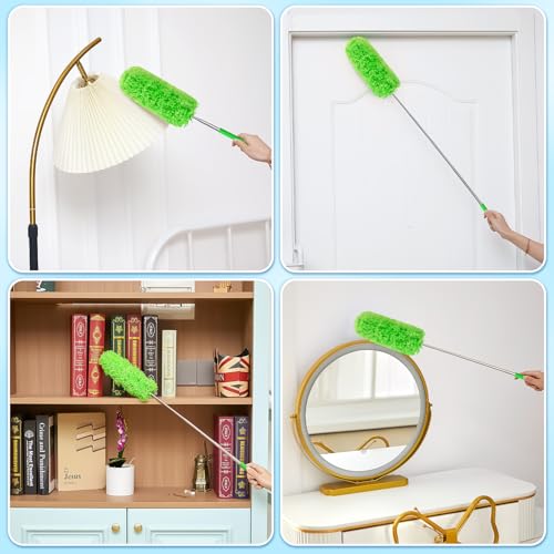 Tanlade 12 Pcs Microfiber Feather Duster for Cleaning 13-31 Inch Extendable Cobweb Dusters Ceiling Fan Duster Washable Bendable Tool for Office Car Window Furniture (Green) - color: Green
