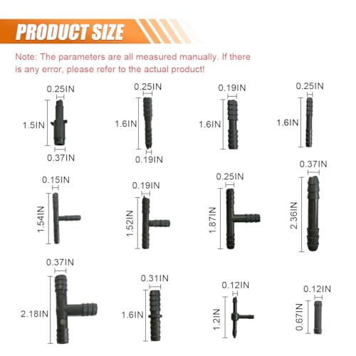 125 Pcs Vacuum Connector Assortment, Vacuum Hose Line Fittings Auto Vacuum Tubing Connector, Nylon Barbed Type Vacuum Tee Connector Kit, 12 Sizes Hose Tee Reducer and Straight Connector Set (125 PCS)