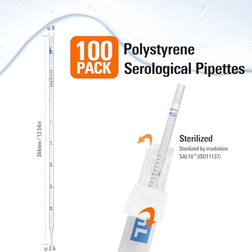 PEKYBIO Polystyrene Serological Pipettes Individually Wrapped Sterile Plastic Graduated Pipette 5ml, Pack of 100 - size: 5ML