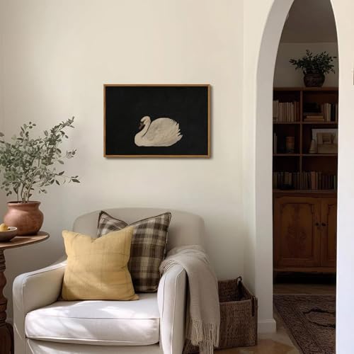 OIQArtOIQ Vintage Framed Wall Art Moody Grace Swan Canvas Art Prints Rustic Farmhouse Pictures Wall Decor Modern Cottagecore Paintings Artwork For Bedroom Kitchen Bathroom Office Living Room - color: Elegant Swan, size: 16x24 in