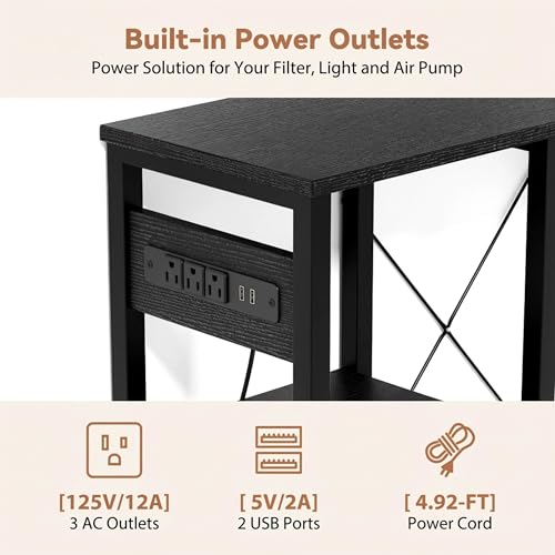 GRLEAF 20-30 Gallon Fish Tank Stand with Power Outlets, 4 Tier Metal Aquarium Stand with Wood Storage Shelves, 30.7" L x 13.8" W x 30.3" H Turtle Reptile Fish Tank Table Aquarium Table - Black - size: 20-30 Gallon