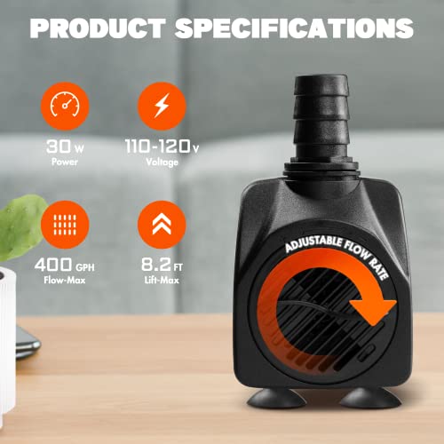 Simple Deluxe 400 GPH Submersible Water Pump with Adjustable Intake, 30W durable fountain water pump for Fish Tank, Hydroponics, Fountains, Ponds, Aquariums - size: 400 GPH (Adjustable Intake)