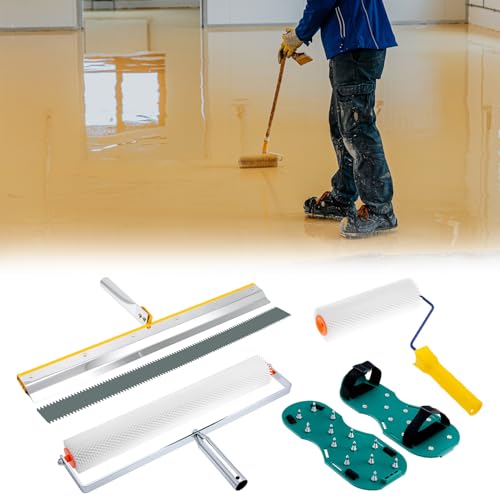 QWORK Self-Leveling Cement Tool Kit, 9" & 20" Spike Rollers with Scraper and Spiked Shoes for Cement, Mortar & Floor Leveling