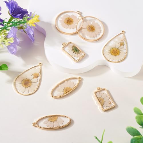 Transparent Flower Resin Charms Round Gold Edge Dried Floral Pendants Flat Round Clear Gold Foil Floral Charms for Necklace Bookmark Keychain Jewelry Making - color: Flower-8