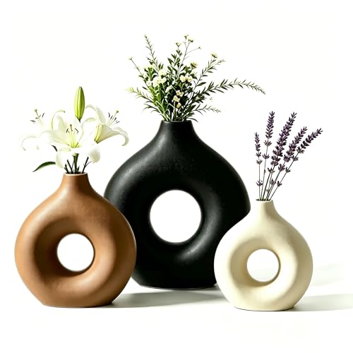Upgraded Ceramic Vases Set for Home Decor, 3 Piece Modern Neutral Room Decor Desk Vase Bedroom Decor Flower Vase for Table Shelf Office Kitchen, Happy Birthday Gifts for Women Mom Men, Round - color: Round-3pcs