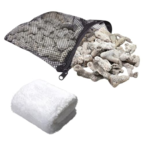 Tfwadmx Crushed Coral for Freshwater Aquarium Reusable Fish Tank Filter Substrate with Aquarium Filter Floss Media Bag 1.1lb/500g