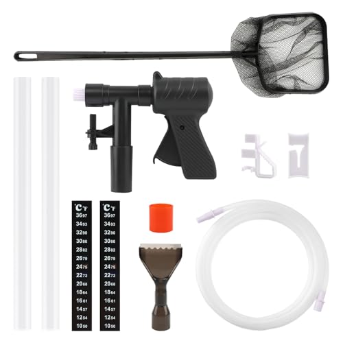 Aquarium Gravel Cleaner, Fish Tank Cleaner Kit, Aquarium Manual Press Noiseless Water Changer, Including Net,Thermometers & Cleaning Accessories for Fish Tank Maintenance