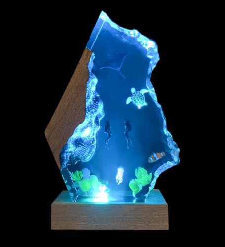 Handmade 3D Ocean Resin Lamp-Handcrafted Diving Night Light,Multiple Adjustable LED Light Sources Wooden Base with USB Port,Birthday Gift for Boyfriend Girlfriend Men Dad Divers(Devilfish,6"x4") - style: Devilfish&Sea Turtle