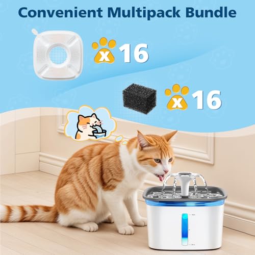 32 Pcs Cat Water Fountain Filters for Veken 95oz/2.8L, 67oz, 135oz Dog Water Fountain Automatic Pet Fountain Dog Water Dispenser 16Pcs Pet Fountain Filter Replacement & 16Pcs Pre-Filter Sponges