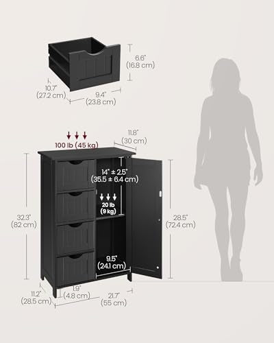 VASAGLE Storage Cabinet with Drawers, Freestanding Floor Cabinet with Door, 11.8 x 21.7 x 32.3 Inches, Adjustable Shelf, for Bathroom, Living Room, Kitchen, Ink Black ULHC041BH01S - color: Ink Black, style: 1 Door + 4 Drawers（32.3"）