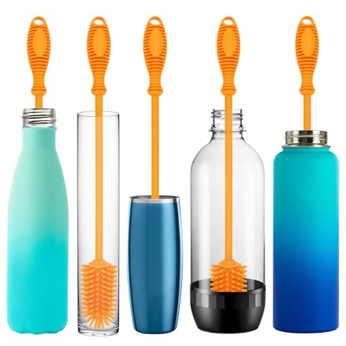 Silicone Bottle Brush with 2 Straw Cleaners - 12.5” Water Bottle Cleaner Brush for Yeti, Hydro Flask, Owala, Stanley, Baby Bottles, Glassware, Vases & Narrow Neck Containers - Orange