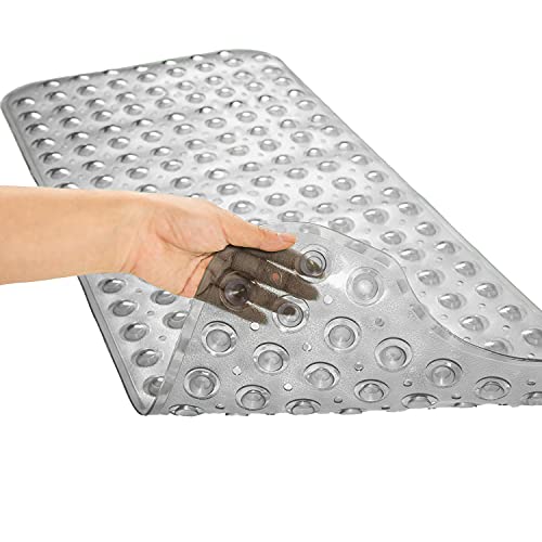 TEESHLY Bathtub Mats for Shower Tub, Extra Long Non-Slip 39 x 16 Inch Bath Mat with Drain Holes and Suction Cups, BathMat for Bathroom with Machine Washable (Clear Grey) - color: Clear Grey