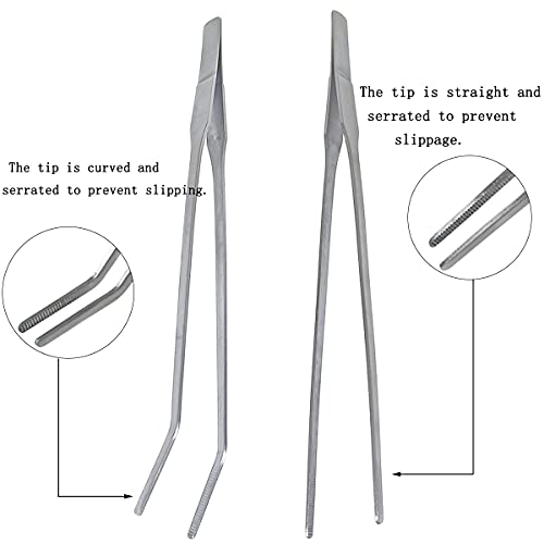 2 Pcs Feeding Tongs, Aquarium Tweezers Stainless Steel Straight and Curved Tweezers Set 27cm/10.6 inches Aquascaping Tools for Hold Worms, Reptiles, Lizards, Bearded Dragon (Silver)
