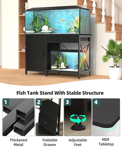 Fish Tank Stand for 40-50 Gallon Fish Tank: Aquarium Stand with Power Outlet - Metal 40 Gallon Tank Stand with Cabinet Drawer Storage for Turtle Tank, Reptile Terrarium (Black, 800LBS Capacity) - color: Blcak, size: 40-50 Gallon
